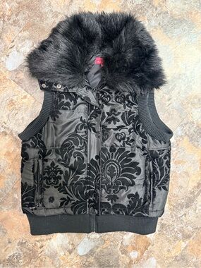 Red Ginger Black Velvet Floral Puffer Vest with Faux Fur removable collar